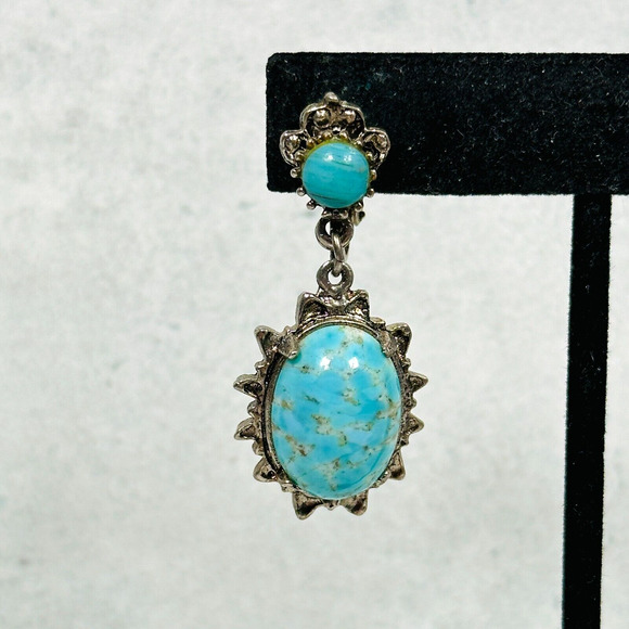 Womens Earrings Blue Stone Cabochon Silver Tone 1.75" Western Clip On Jewelry - Picture 2 of 11